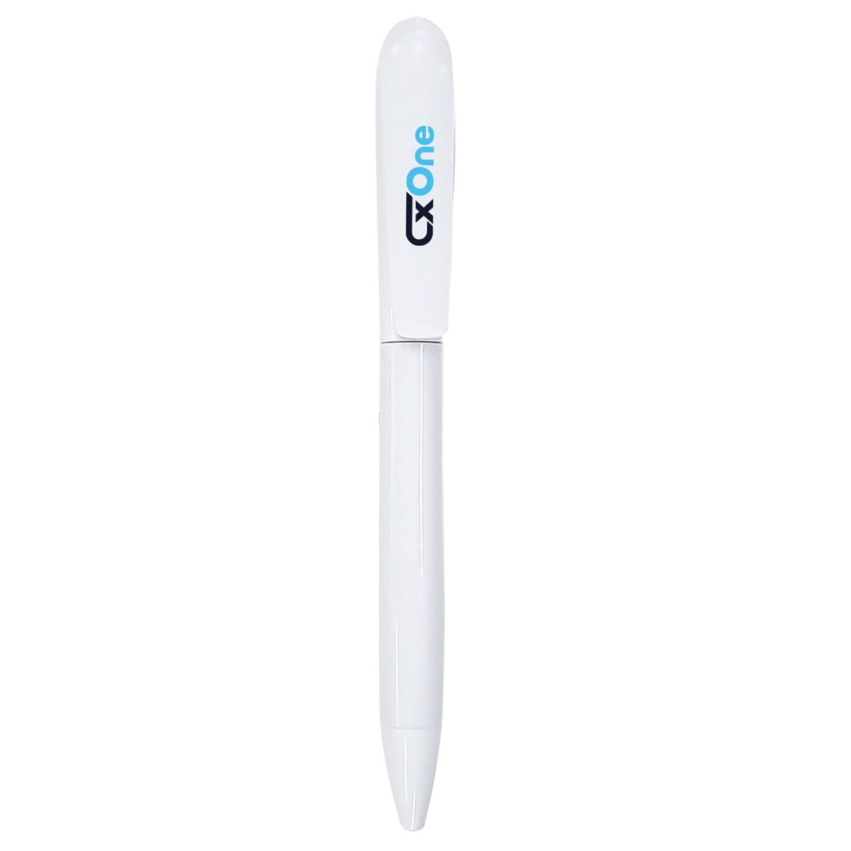 A white plastic pen with a cap and a branding logo on the barrel.