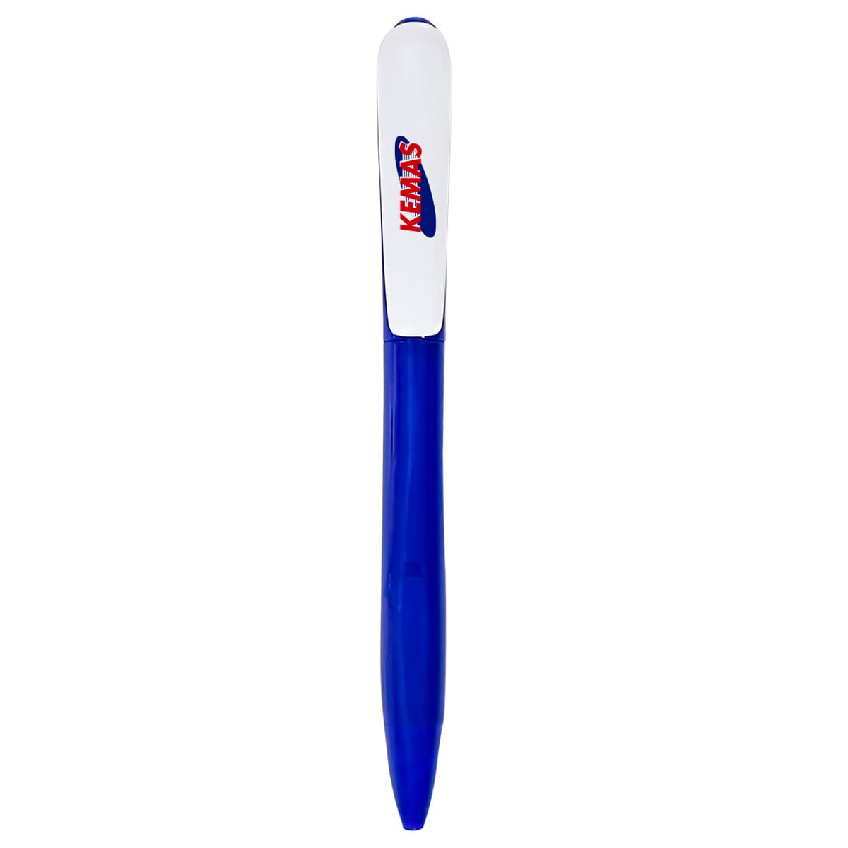 A blue plastic pen with a white cap and a branding logo on the clip.