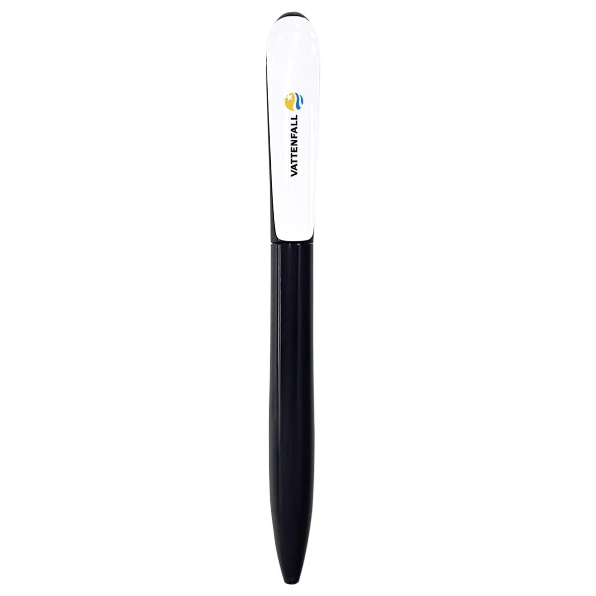 A black and white plastic pen featuring a logo on the clip. Ideal for writing and promotional use.