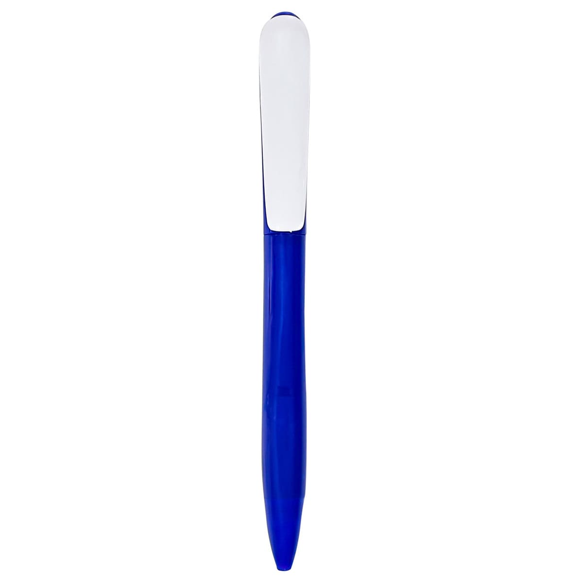 A blue plastic pen with a white clip and a sleek design, featuring a logo on the clip.