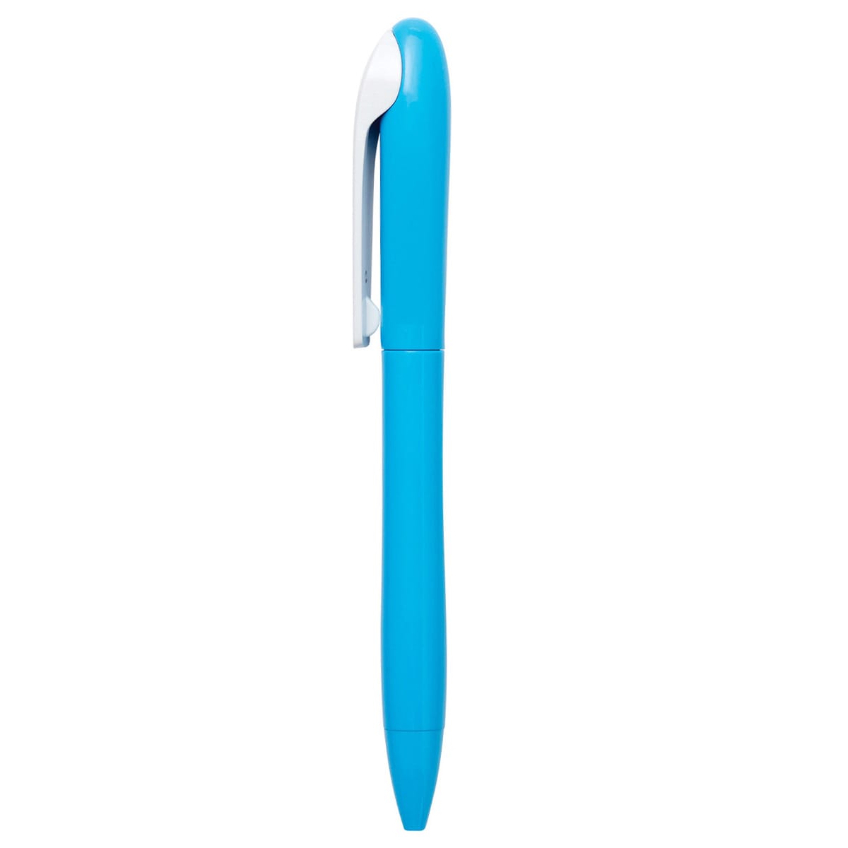 A blue plastic pen with a white clip and a smooth, contoured body. It features a logo.