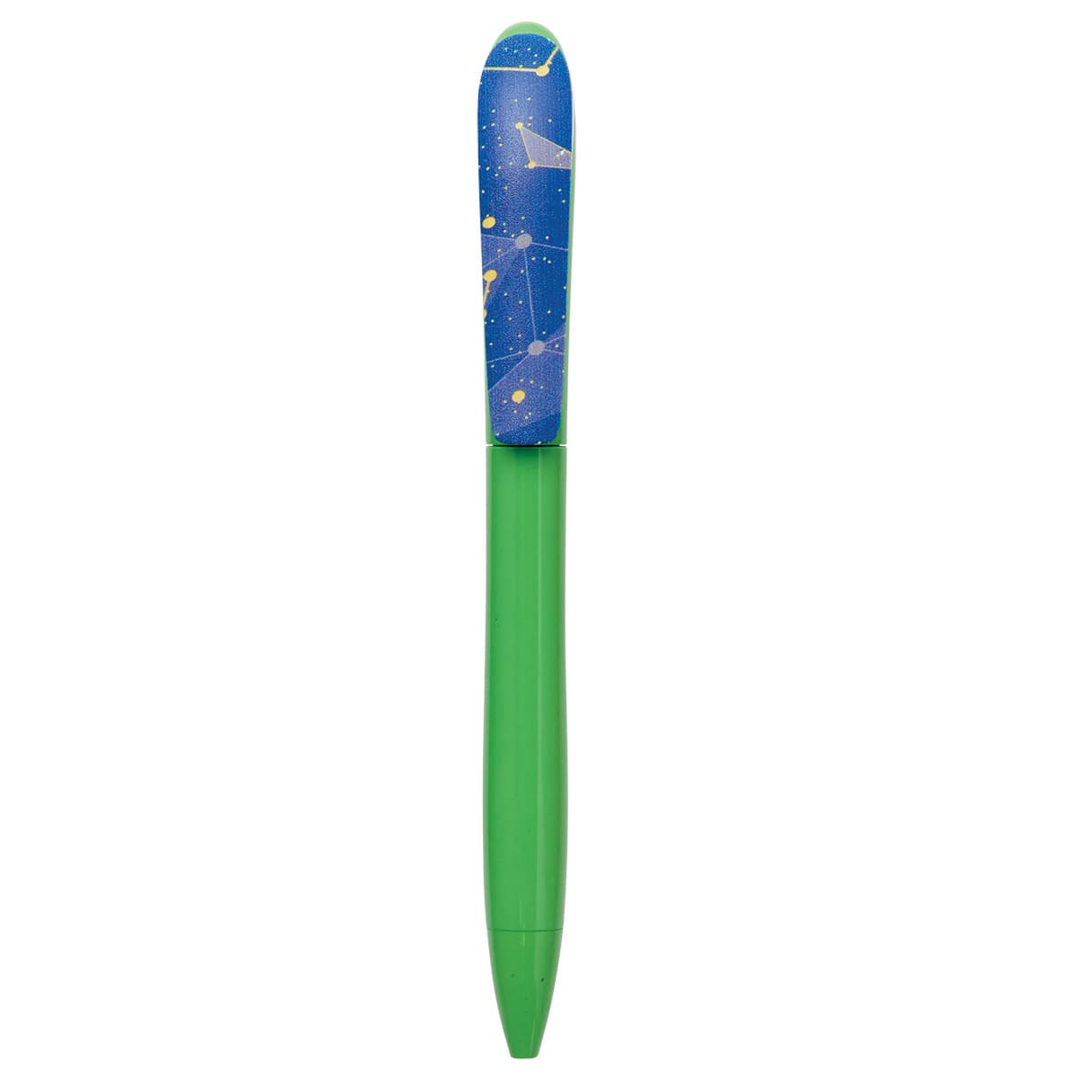 A green plastic pen with a blue starry design on the cap. The pen has a branding logo.