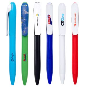 A collection of plastic pens in blue, green, black, red, white, and blue with various designs and logos.