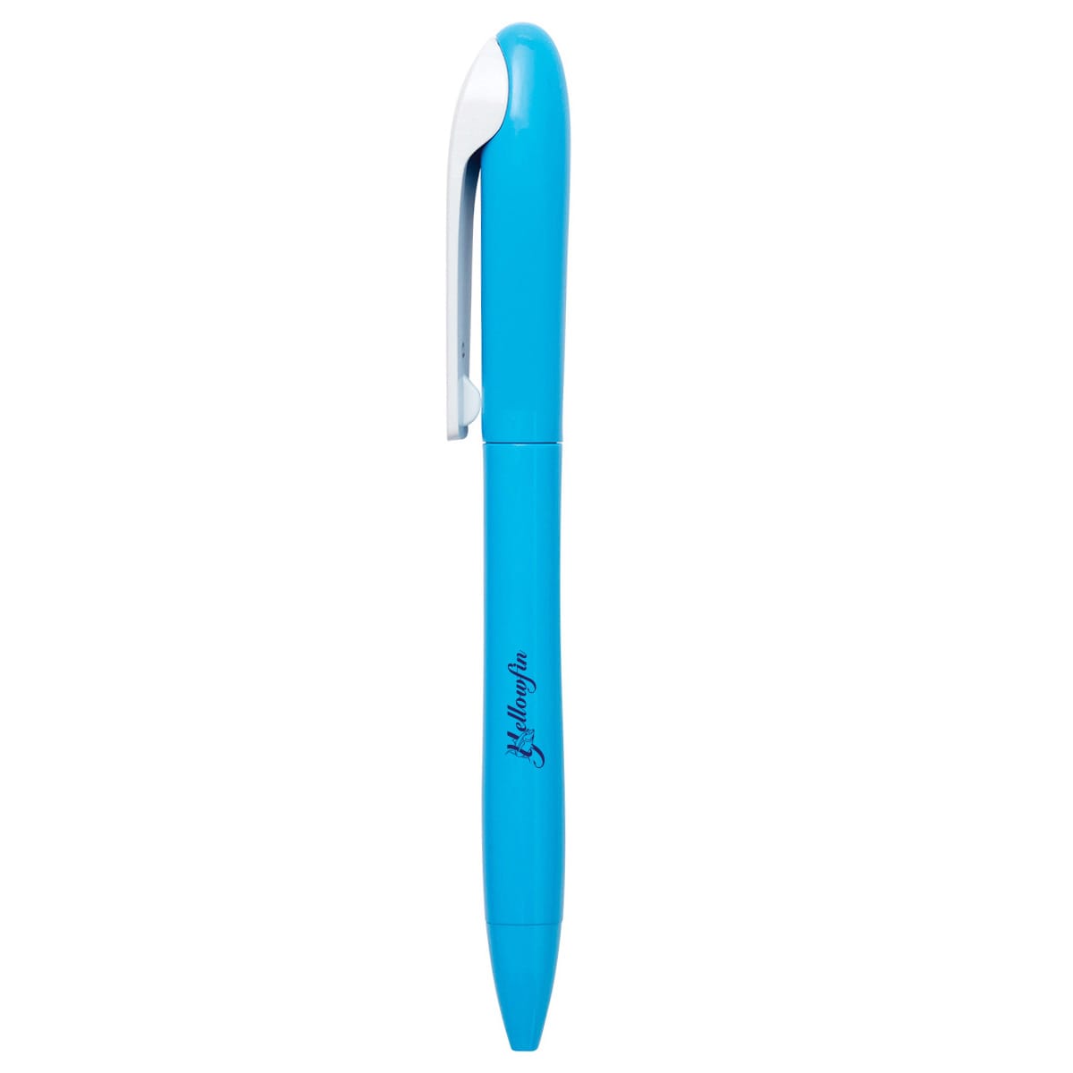 A bright blue plastic pen with a white clip and an attached logo.