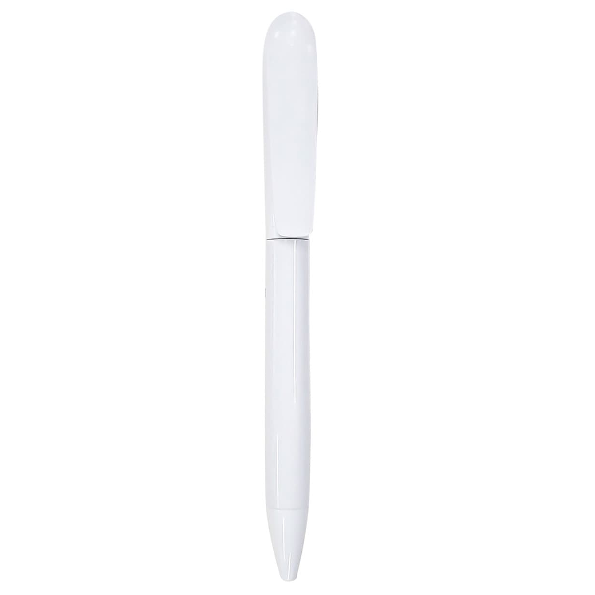 A white plastic pen with a sleek design and a clip, featuring a logo on its body.