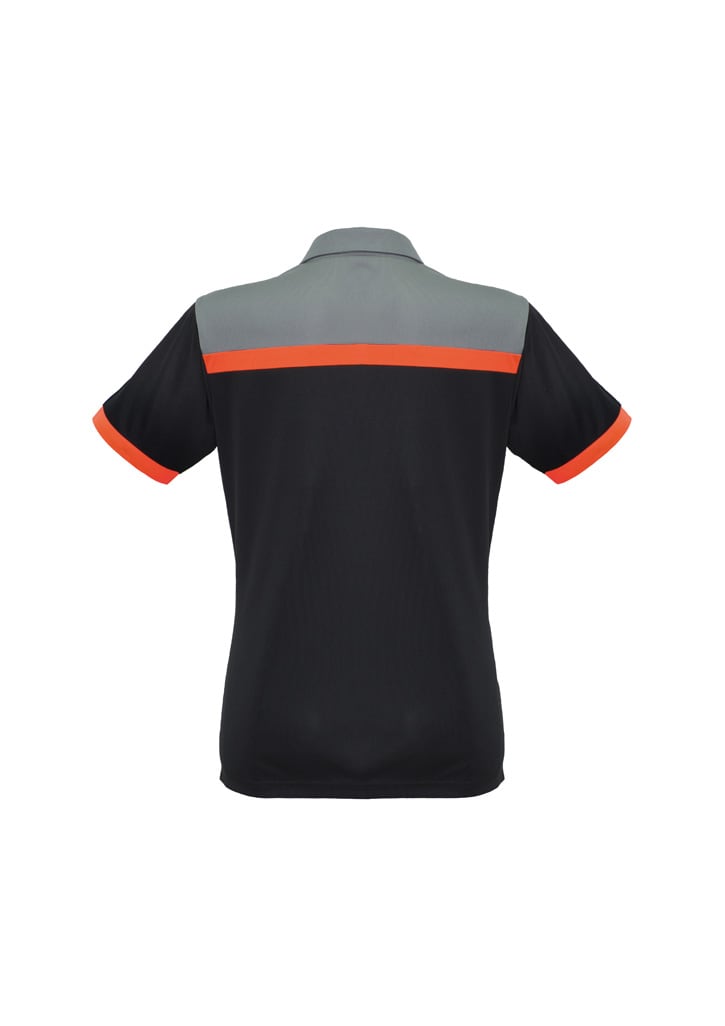 A black short sleeve polo shirt with a grey and orange accent. Features a logo on the design.