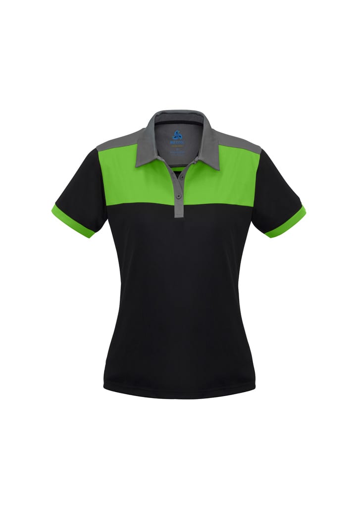A women's polo shirt featuring a black body with green and grey accents, complete with a collar and short sleeves.