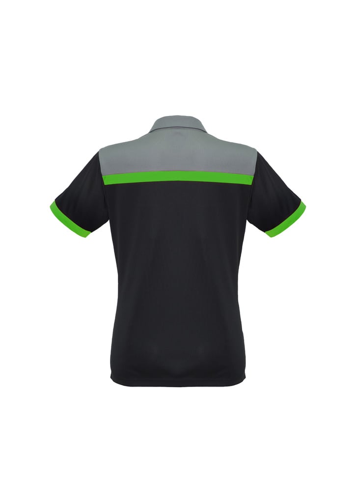 A short sleeve polo shirt in black with grey and vibrant green accents, featuring a logo on the front.