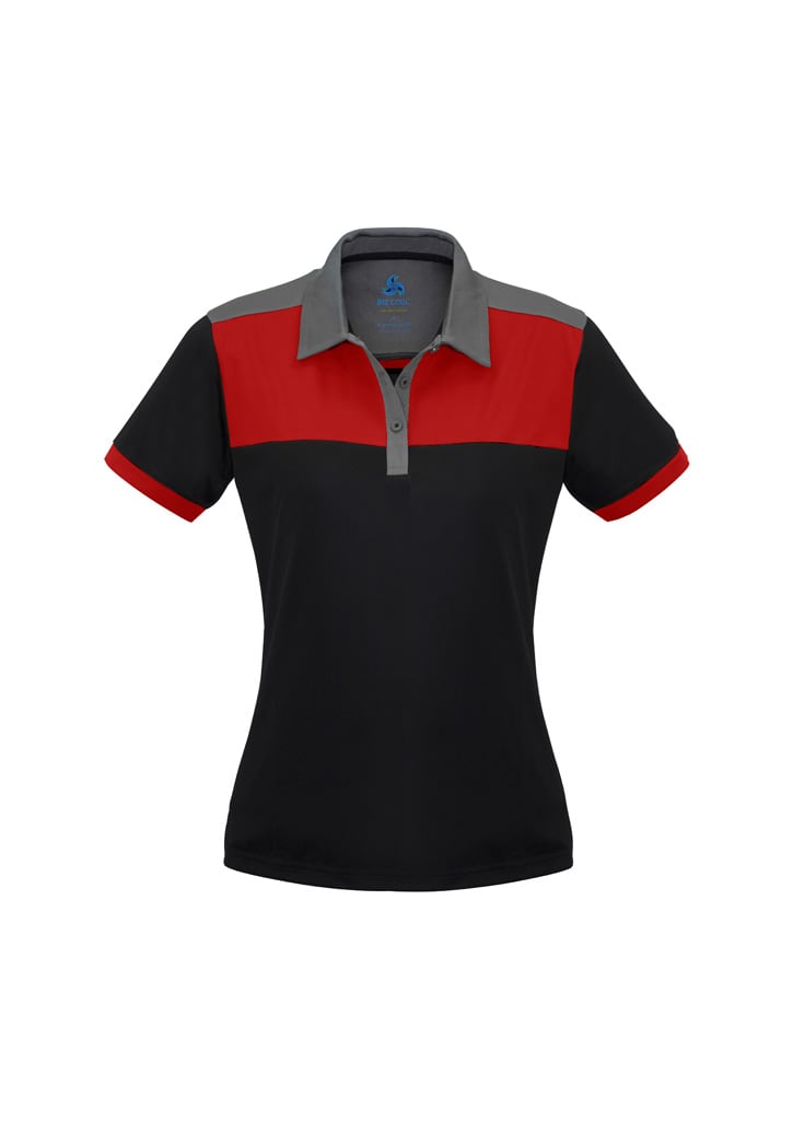 A women's short sleeve polo shirt in black with blue and grey colour blocking and a collar. Features a logo.