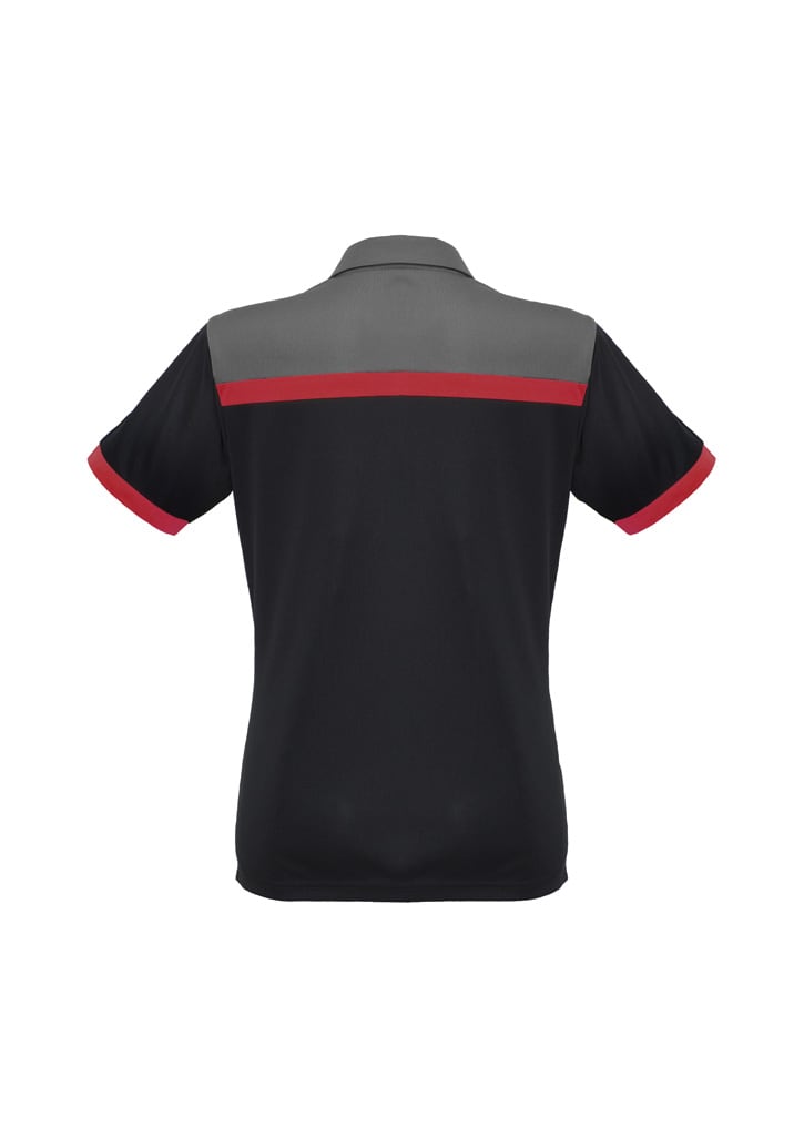 A black short sleeve polo shirt featuring grey and blue accents, with a logo on the upper back.