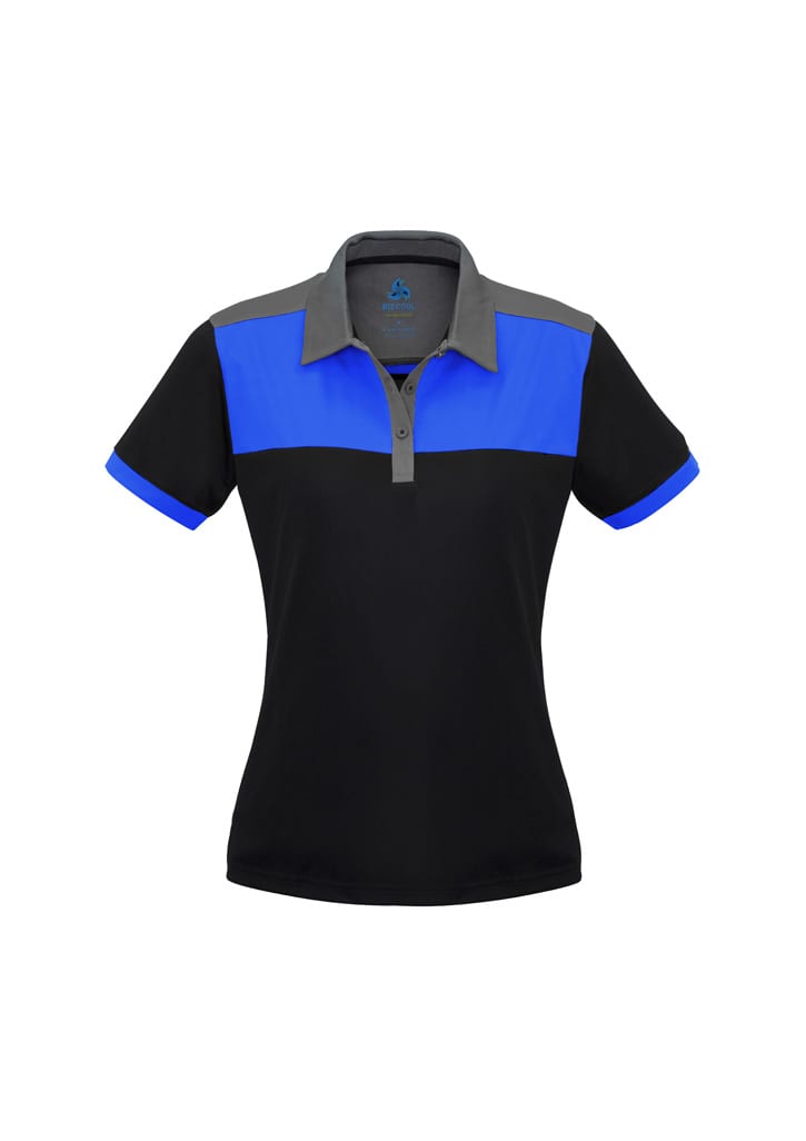 A short sleeve polo shirt in black with red and grey accents, featuring a collar and buttons. It has a logo.