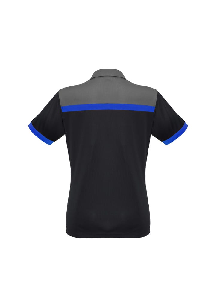 A Women's Charger Short Sleeve Polo in black with grey and red accents, featuring a logo on the back.