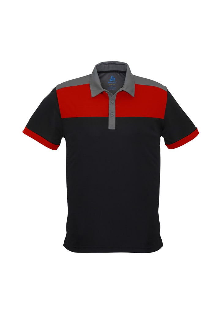 A short sleeve polo shirt in black with red and grey sections, featuring a collar and a logo.