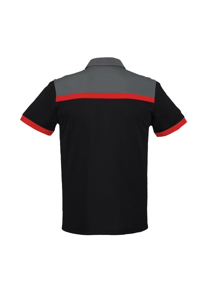 A short sleeve polo shirt in black with grey and red accents, featuring a logo on the back.