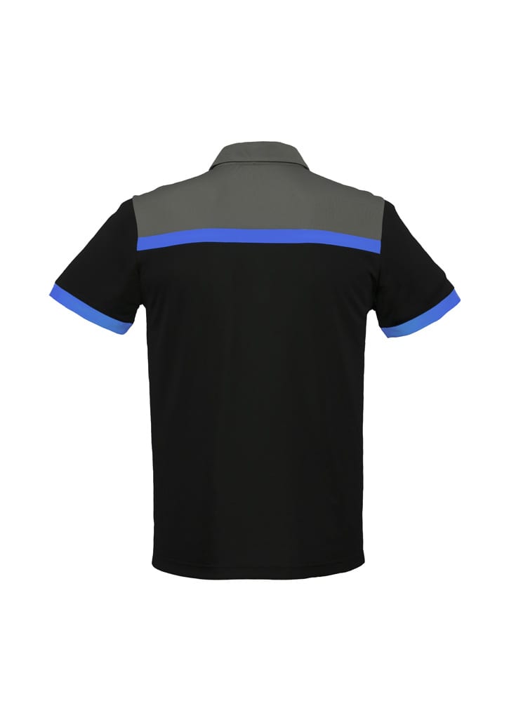A black and grey short sleeve polo shirt with blue accents and a logo on the back.