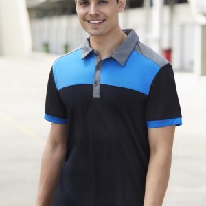 A short sleeve polo shirt in black with blue and grey accents, featuring a collar and buttons, with a logo present.
