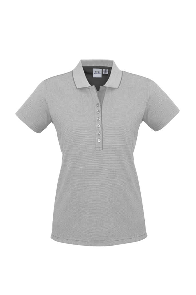 A grey women's short sleeve polo shirt with a button placket and a logo on the collar.