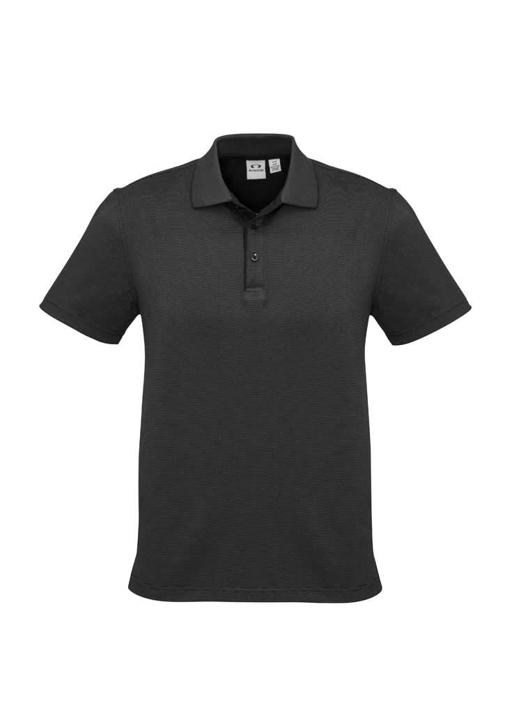 A black short sleeve polo shirt featuring a collar and a logo on the chest.