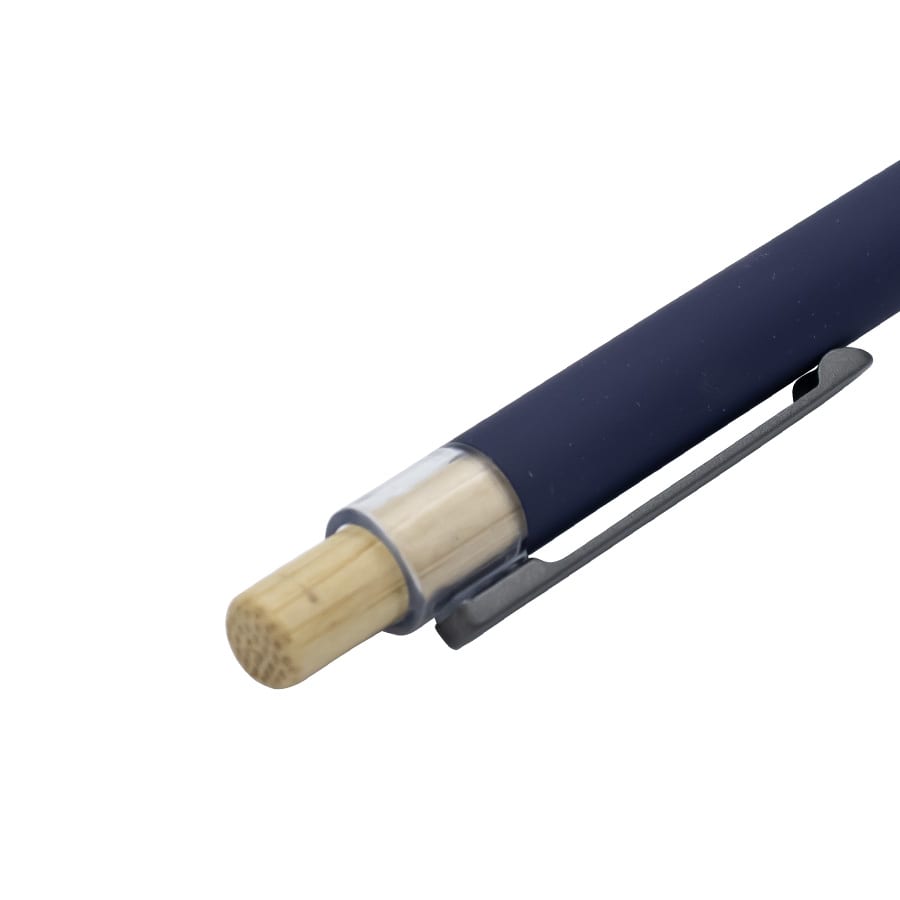 A bamboo click pen with a navy barrel, a bamboo tip, and a metal clip, featuring a logo.