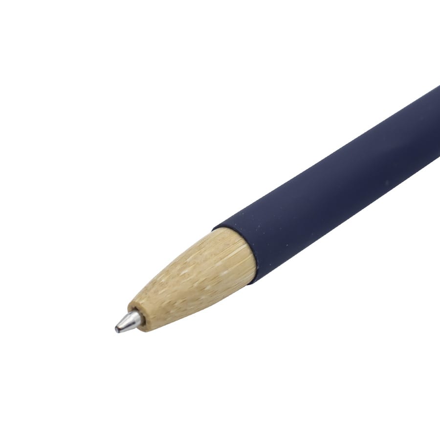 Abele Bamboo Click Pen featuring a navy blue body and a bamboo tip, with a silver nib. Includes a branding logo.