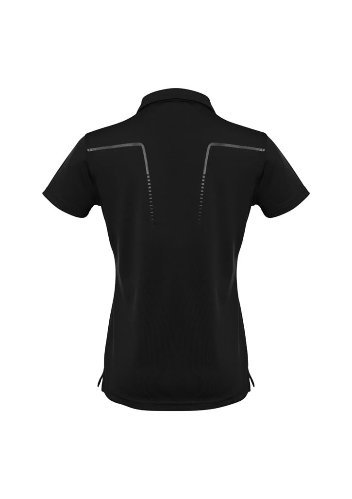 A black women's short sleeve polo shirt featuring a stylish design with reflective detailing on the back and a subtle logo.