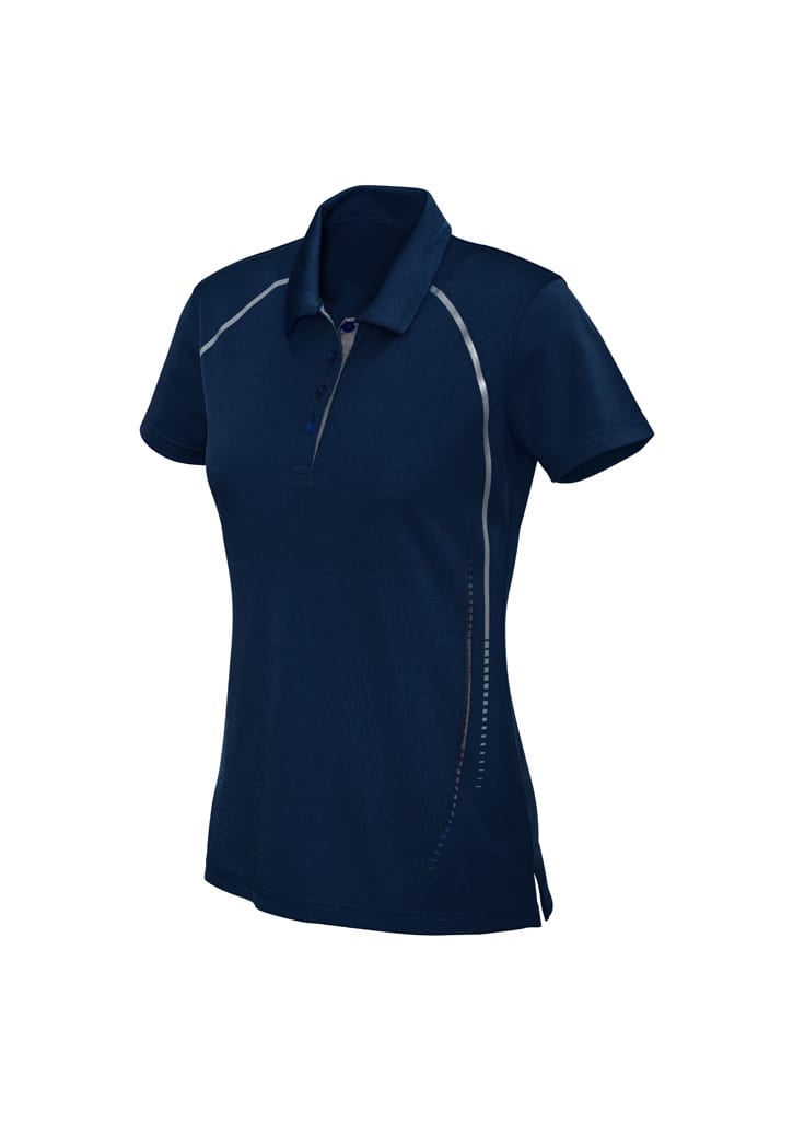 A navy short sleeve polo shirt for women featuring contrasting detailing and a logo.