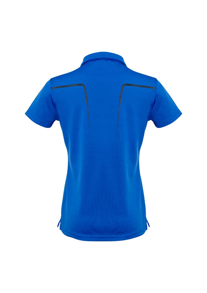 A blue women's short sleeve polo shirt featuring a back design with black detailing and a logo.