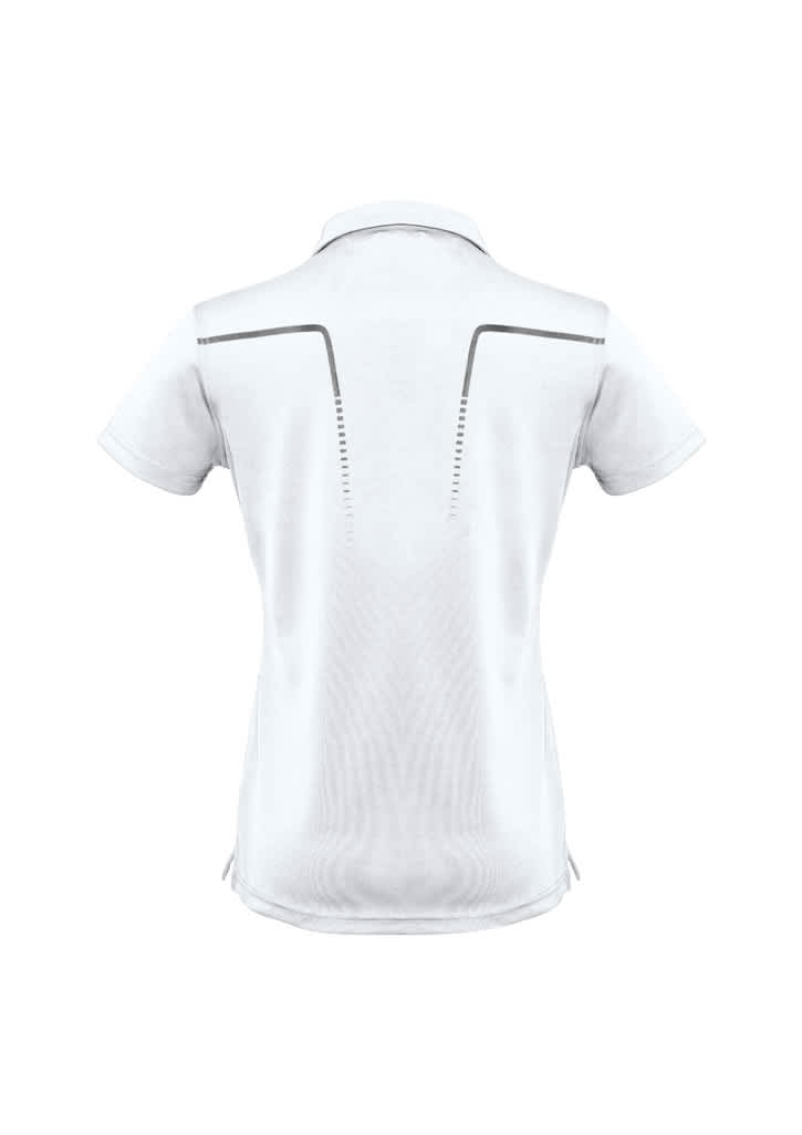 A short-sleeve women's polo shirt in white, featuring a logo and design details on the back.