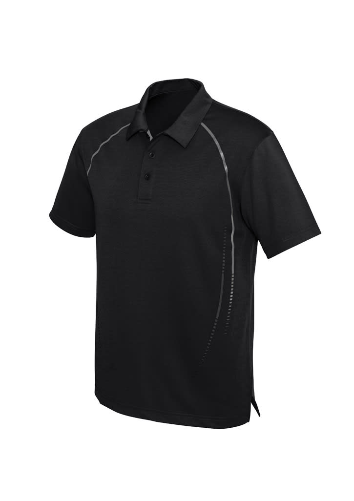 A black short sleeve polo shirt featuring a subtle design and a logo on the front.