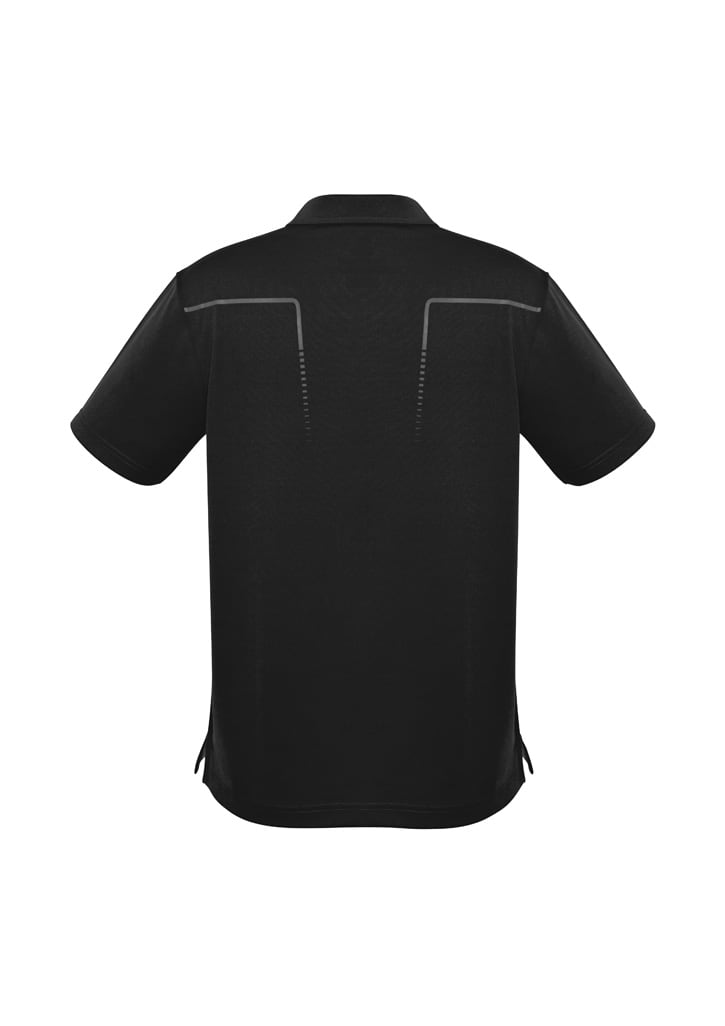 A black short sleeve polo shirt featuring a simple design and a logo.