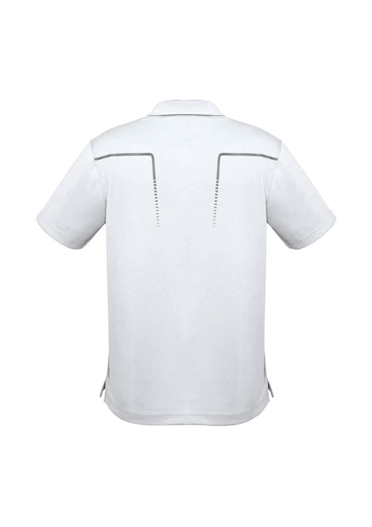 A short sleeve polo shirt in white featuring a logo and back detailing.