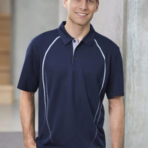 A navy short sleeve polo shirt with light blue accents and a logo. Model is standing with a casual pose.