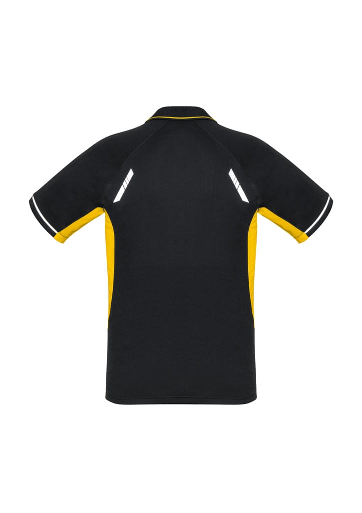 A black and yellow men's short sleeve polo shirt with reflective details and a logo on the front.