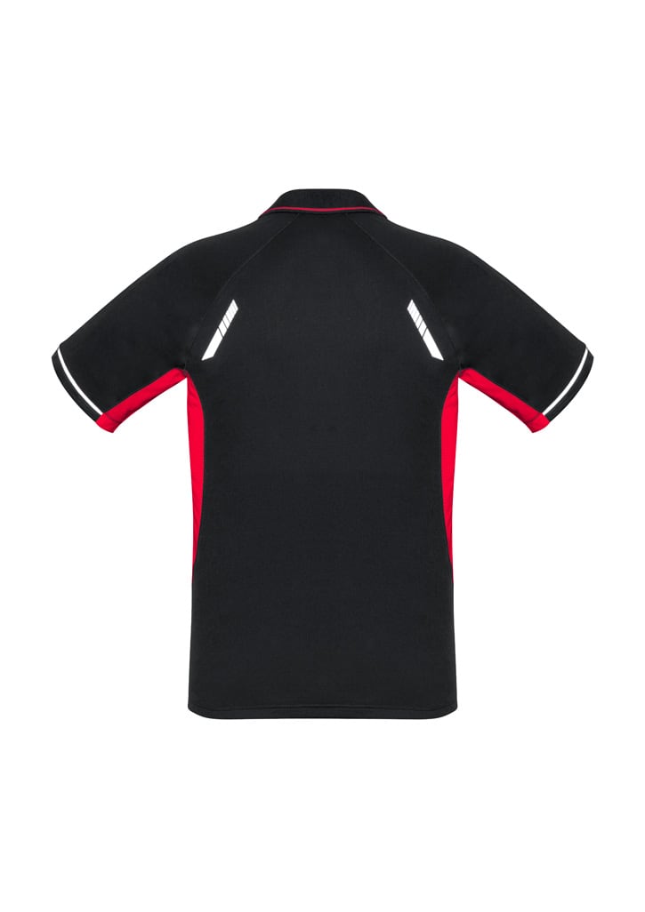 A black and red men's short sleeve polo shirt featuring a logo and reflective details on the back.