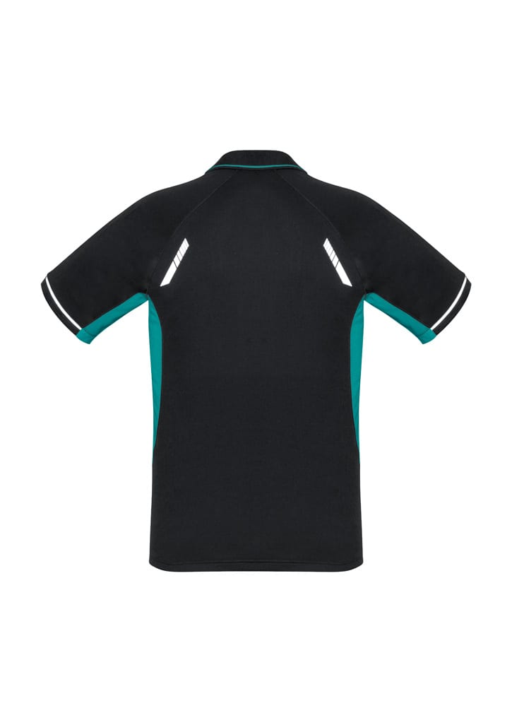 A black and teal short sleeve polo shirt featuring reflective detailing and a logo on the back.