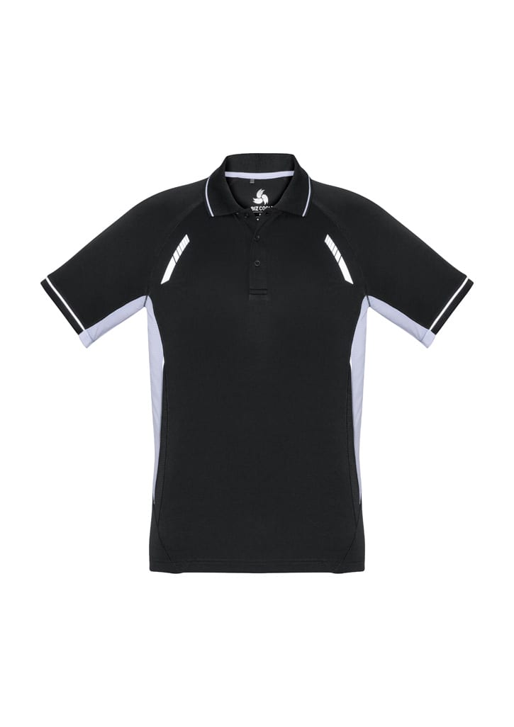 A black short sleeve polo shirt with grey side panels and a logo on the collar.