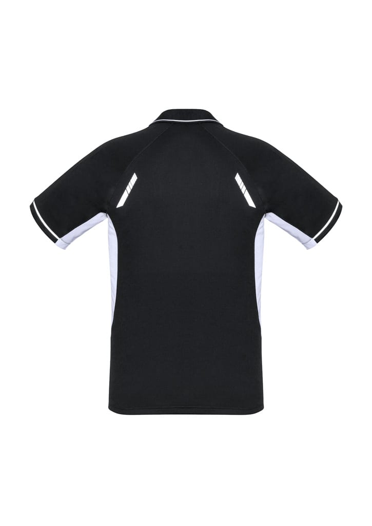 A black short sleeve polo shirt with white accents and reflective detailing, featuring a logo on the front.