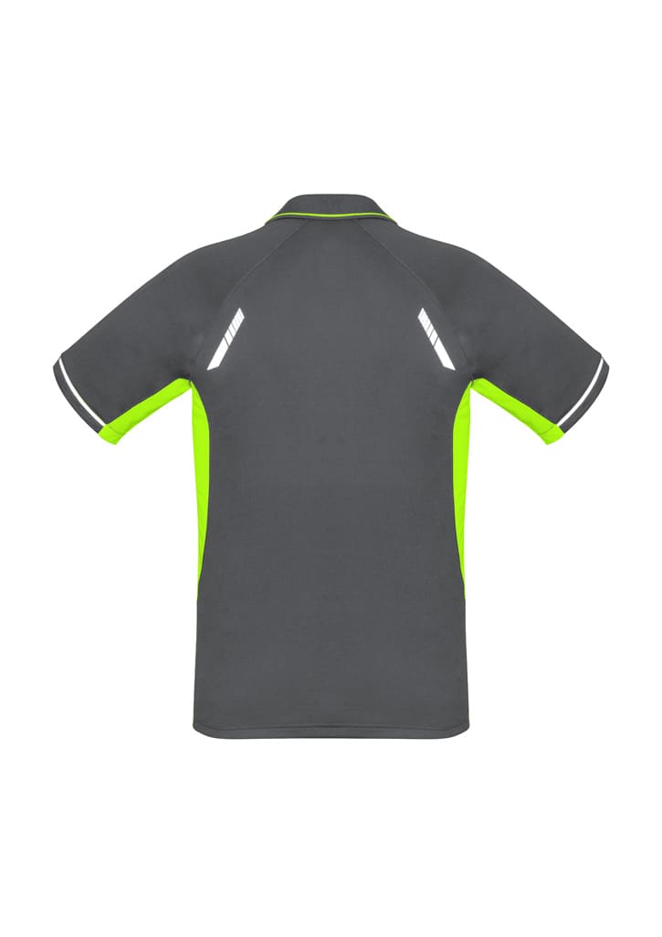 A grey short sleeve polo shirt with vibrant green accents and reflective details on the shoulders. Features a logo.