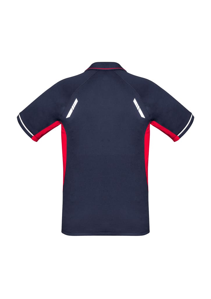 A navy and red short sleeve polo shirt with reflective detailing and a logo on the back.