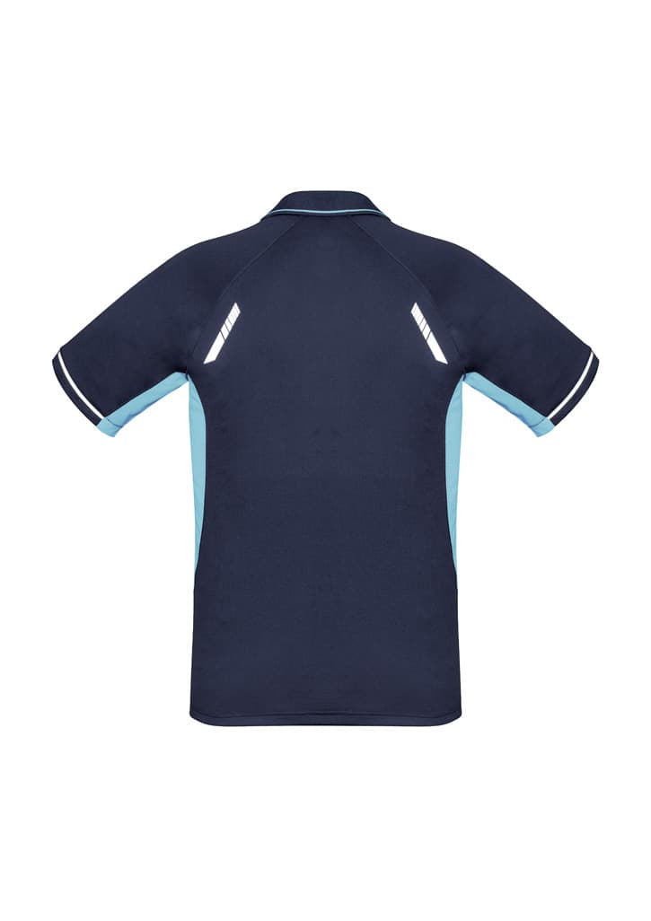 A navy blue short sleeve polo shirt with light blue accents and a logo on the front.