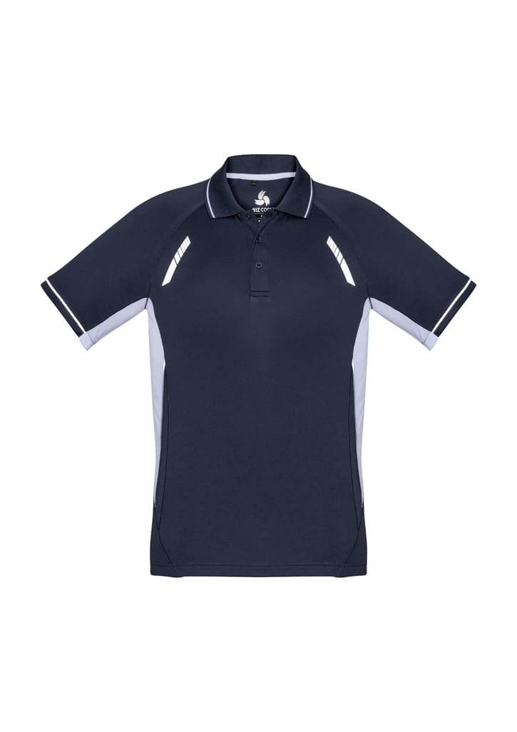 A men's short sleeve polo in navy blue with light grey side panels and a logo.