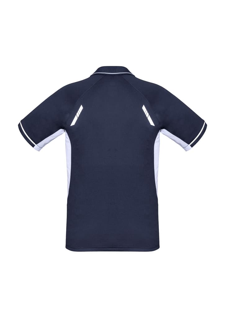 A navy blue short sleeve polo shirt with white accents and reflective details on the back. It features a logo.