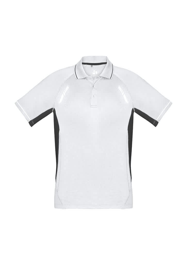 A short sleeve polo shirt in white with black side panels and a collar, featuring a logo.