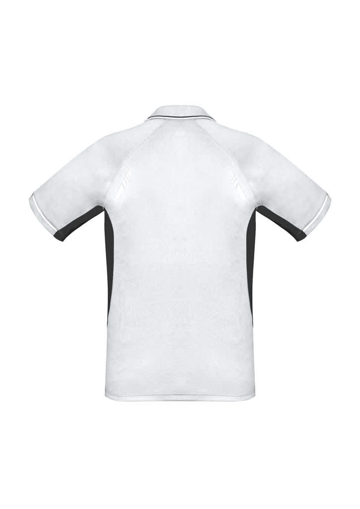 A men's short sleeve polo shirt in white and black, featuring a simple design and a logo on the front.