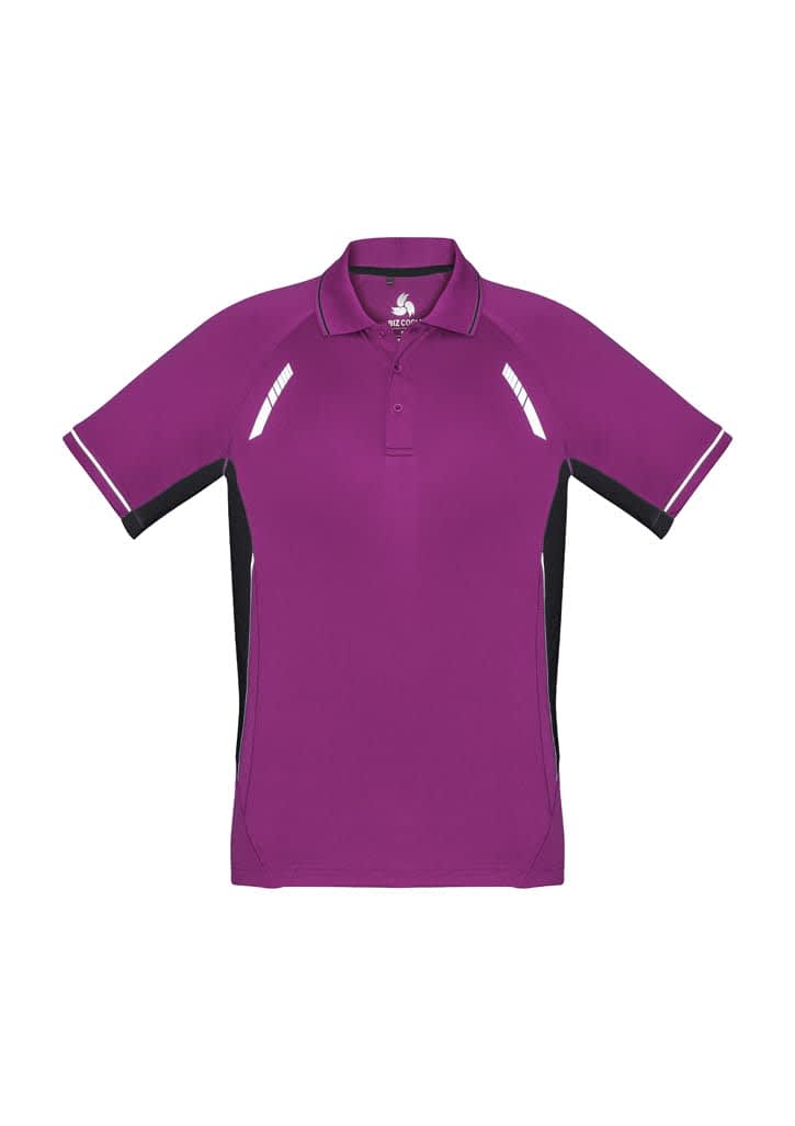 A purple short sleeve polo shirt with black side panels and a logo. Features sporty design elements.