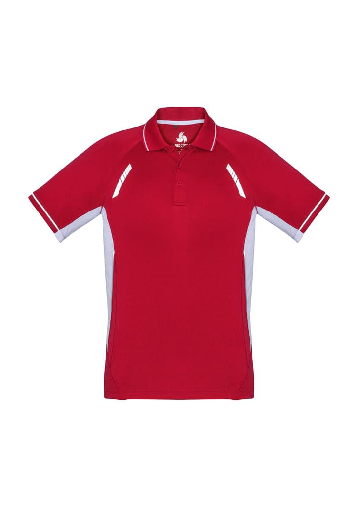 A red and white short sleeve polo shirt featuring contrast detailing and a logo. Perfect for kids' activewear.