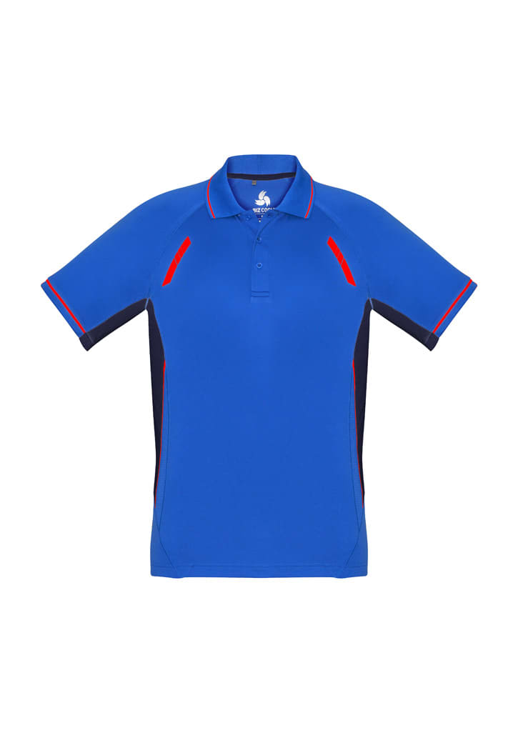 A blue kids' short sleeve polo shirt with red and navy accents, featuring a logo.