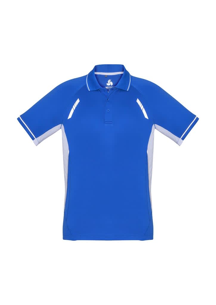 A blue short sleeve polo shirt with white accents and a logo. Suitable for kids.