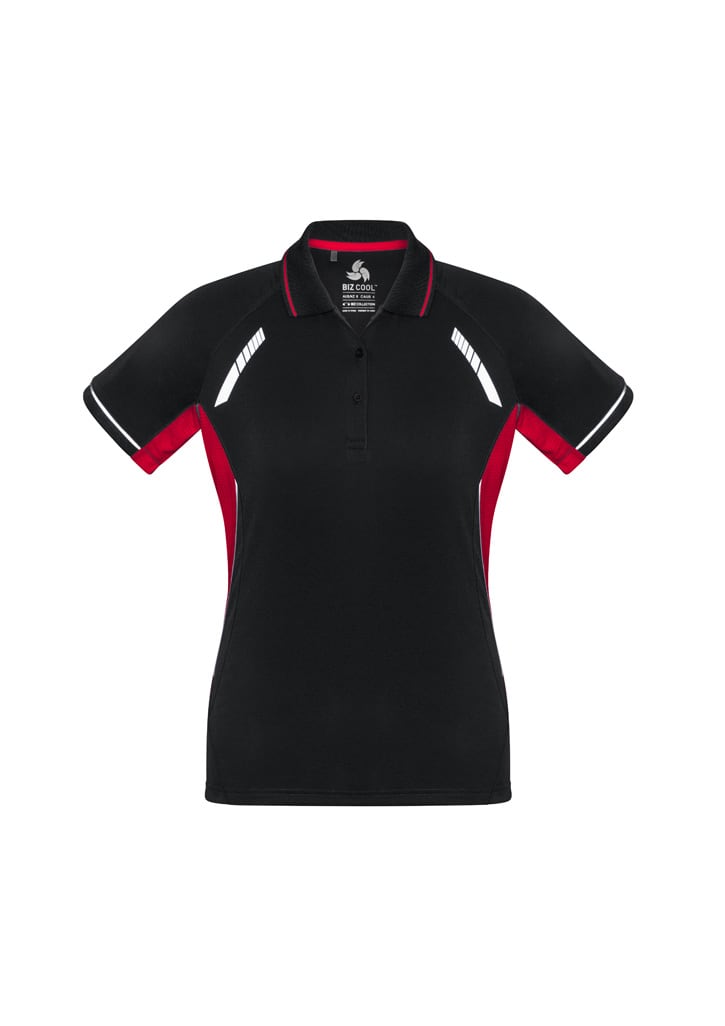A black women's polo shirt with red accents and white detailing, featuring a logo on the chest.