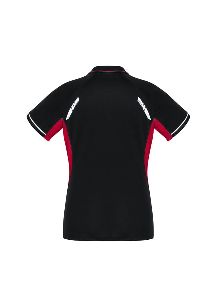 A black women's polo shirt with red side panels and reflective detailing, featuring a collar and short sleeves.